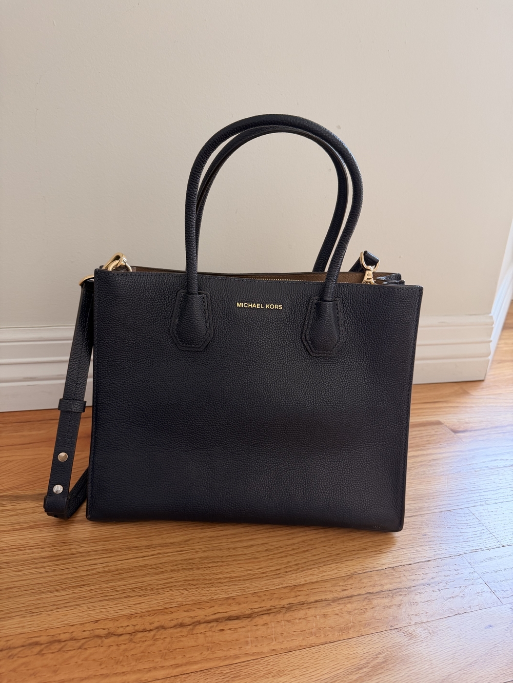 Michael Kors Black Pebble Leather Satchel with Gold Hardware